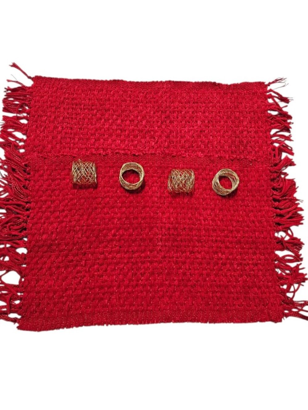 Christmas Tableware Placemat Napkin Ring Red Woven Fringe Gold Wire Holiday Fall